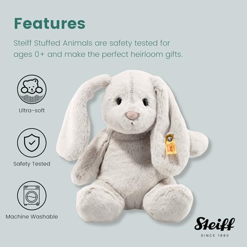 Steiff Hoppie Hase mit Schlappohren 28 cm hellgrau, Plüschtier, Soft Cuddly Friends, flauschiges Stofftier zum Kuscheln und Spielen, Kuscheltier für Mädchen und Jungen, waschmaschinenfest