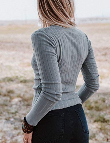 MEROKEETY Women's Long Sleeve V Neck Ribbed Button Knit Sweater Solid Color Tops Grey