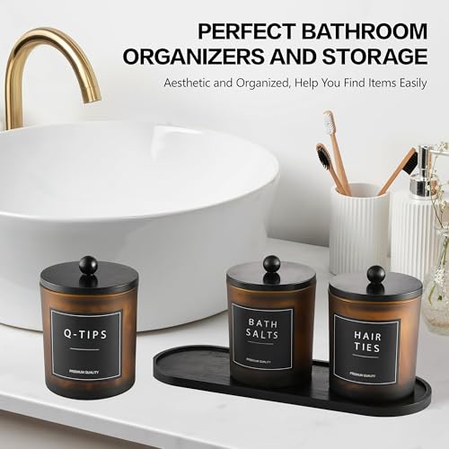 BIKALAN Glas Wattestäbchen Behälter, Schminktisch Badezimmer Organizer Set mit Tablett, Wattepadspender Make up Organizer für Wattestäbchen, Wattepads