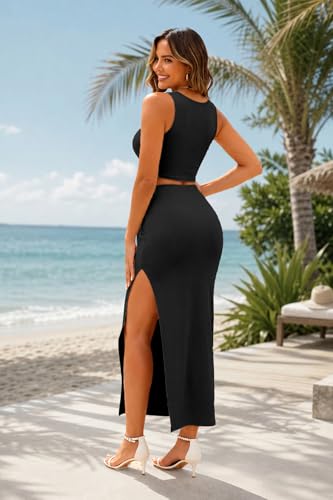 Image of ELLEVEN Two Piece Maxi Skirt Sets for Women, Square Neck Tank Tops with High Side Slit Dress Sets Summer Outfits