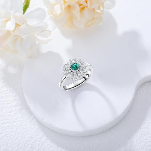 Emerald Sunflower Design Ring 925 Sterling Silver Round Cut 3.5 mm Emerald Sunflower Engagement Ring for Women3
