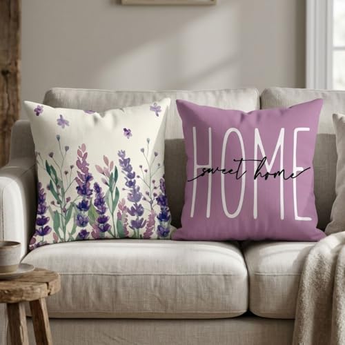 Image of Hopomoon Outdoor Waterproof Cushion Covers 18x18 Set of 2,Purple Lavender Floral White Linen Throw Pillow Covers for Patio Garden Couch Sofa Home Decor