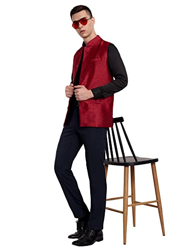 Image of SKAVIJ Mens Embellished Ethnic Wear Nehru Jacket Floral Printed Formal Waistcoat Regular Fit (Medium,Red)