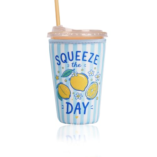 Image of Reusable Insulated Sleeve for Iced Coffee Cup, Coffee Neoprene Sleeve for Cold & Hot Drinks, Beverage Holder for Iced Coffee (Squeeze Day, Medium: 22-24oz)