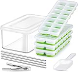 Ice Cube Tray with Lid and Bin, Jrisbo 4 Pack Silicone Easy-Release Ice Cube Trays with Ice Container, Stackable Ice Trays with Storage Ice Bucket, 4 Stainless Steel Straws, Ice Tong, Ice Scoop