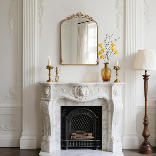 Image of WallBeyond Gold Antique Mirror for Vanity 22x30 Inch, Gold Vintage Mirror with Ornate Frame, Arched Vintage Wall for Bathroom, Living Room, Fireplace