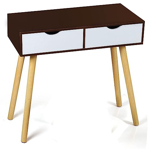 Image of Shoppee Engineered Wood Desk with 2 Drawers for, Computer Desk with Storage Shelves, Makeup Vanity Desk, Modern Writing Study Table Home Office Desks for Bedroom (Brown White)