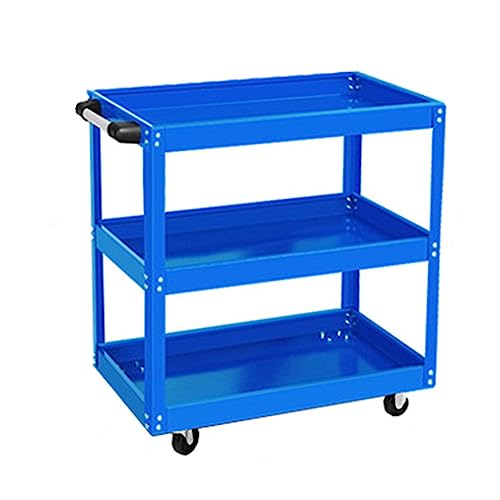 3-Tier Tools Cart Trolley for Garage Workshop, Heavy Duty Metal Garage Storage Carts on Wheels, w/Pushing Handle Blue