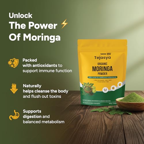 Image of Tata 1mg Tejasya Organic Moringa Powder | Ayurvedic Superfood for Weight Management & Immunity and Detox | With Amla & Pippali for Better Absorption | Non-GMO & Preservative-Free | 200 g