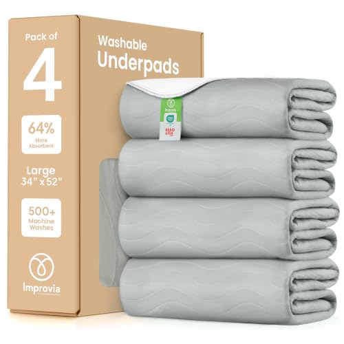 Image of IMPROVIA Washable Underpads, Heavy Absorbency Reusable Incontinence Pads for Kids, Adults, Elderly, and Pets, Waterproof Protection Floor (Gray, 34 inchx52 inch (Pack of 4))
