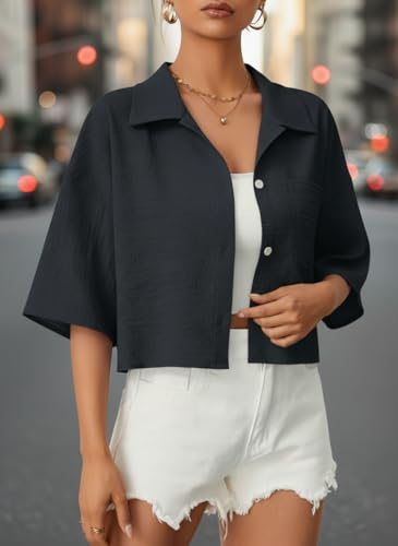 Image of Jacket for Women Stylish Cropped | Trendy Half Sleeve Button Down Casual Top | Loose Fit Shrug for Beach & Resort Outfits | Fashionable Lightweight Jacket (28 K-1-4)