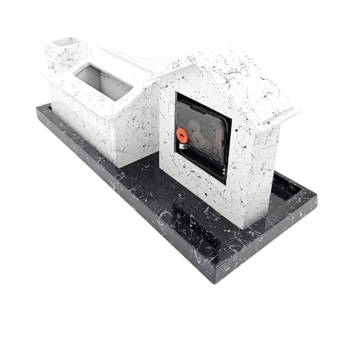 Image of WOOD HOUSE Wooden Pen Stand with Mobile Holder & 100-Year Perpetual Calendar for Office Table | Desk Organizer with New Year 2024 Calendar (White Marble Stand with Clock)