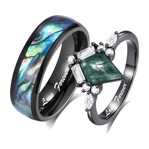 SHAREMORE Moss Agate Woman's Ring - Custom Wedding Ring Sets - Couples Engagement Rings - Promise Ring for Her - Shell Rainbow Vein - Rings Stainless Steel Cover