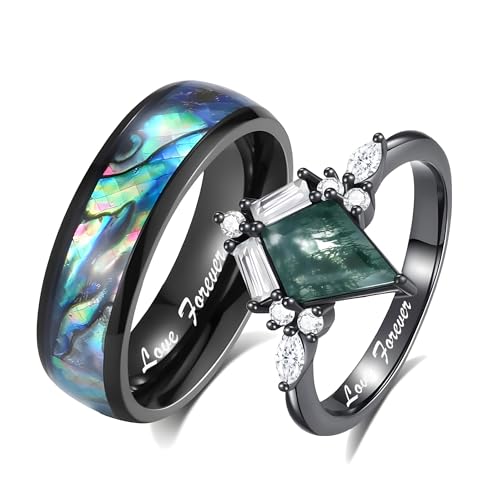 Moss Agate Woman's Ring - Custom Wedding Ring Sets - Couples Engagement Rings - Promise Ring for Her - Shell Rainbow Vein - Rings Stainless Steel