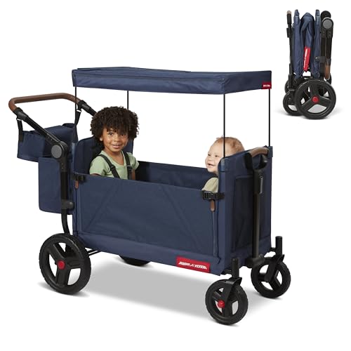 Radio Flyer Atlas Stroll ’N Wagon, Navy Blue, for Ages 1+, 3-in-1 Push or Pull Versatility, One-Hand Fold, UV Canopy, 5-Point Harnesses, Storage Capabilities, Rubber Wheels, Stroller Wagon for Kids
