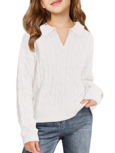 Image of Girls Sweaters Kids Fashion Cable Knit Collared V Neck Pullover Sweater Tops 5-14 Years White