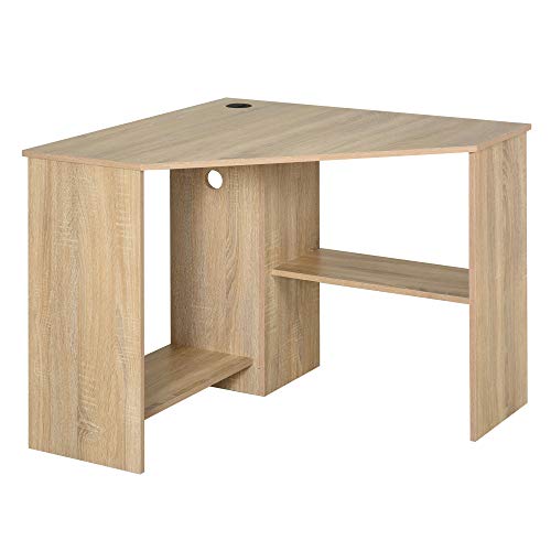 HOMCOM Bureau Informatique Bureau d'angle Contemporain avec étagères Panneaux Particules chêne Clair