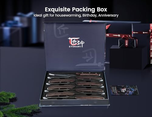 SYOKAMI Steak Knives Set of 8, 4.8 Inch Carbon Steel Japanese Style Non Serrated Dinner knives with Wooden Handle, Damascus Pattern Full Tang Design, Housewarming Holiday Cooking Gifts