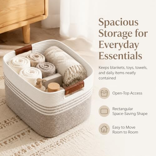 Image of Cotton Rope Laundry Basket Small, 12.8GAL Collapsible Woven Storage Baskets for Living Room Kids Toys Stuffed Animal,Boho Rectangular Decorative Short Hamper for Dirty Clothes, Blankets White Brown