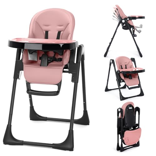 Kinder King Convertible High Chair for Babies & Toddlers Adjustable Baby Feeding High Chair with Removable Double Tray Simple Compact Fold for Space-Saving 2 Built-in Wheels Easy to Clean Pink