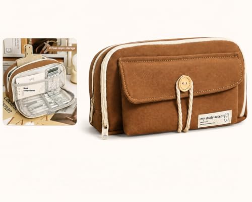 Image of Japanese Style Big Capacity Pencil Pouch for Students, Double Layer Canvas Pen Case with Zipper, Portable Stationery Organizer for School Office Boys Girls, Kawaii, Coffee Brown