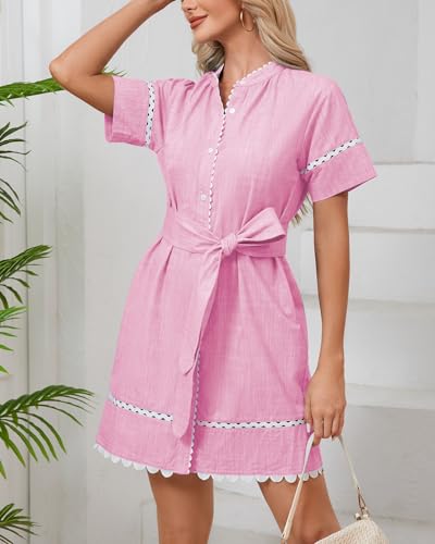 Image of Women's Summer Shirt Dress Short Sleeve Button Down Mini Tie Waist Belted Tunic with Pockets RIC Rac Trim