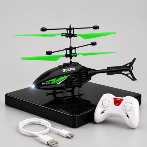Image of Gravity Sensor Helicopter Toy for Boys with Safety Sensor, Indoor Palm Sensing, Rechargeable with LED Lights I Pack of 1 | For Kid (Black Green)