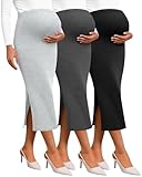 Neer 3 Pack Women's Maternity Skirts, Split Midi High Waist Ribbed Knit Solid Stretchy Pregnancy Pencil Long Skirt Clothes(Light Gray, Dark Gray, Black,XX-Large)
