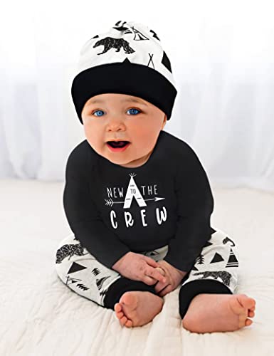 Fommy Newborn Baby Boy Clothes New To The Crew Letter Print Romper+Bear Pants+Hat 3Pcs Outfits Set 0-3 Months #TOP1