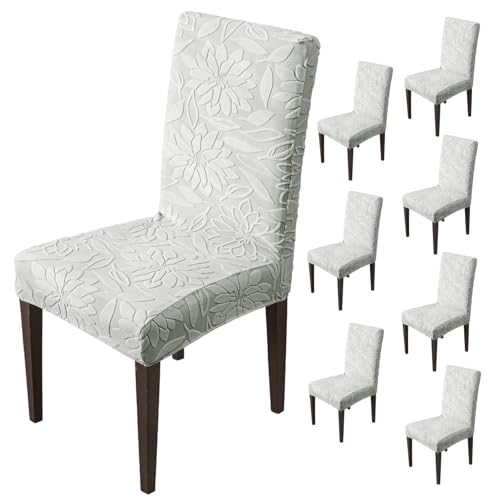 Image of House of Quirk Stretchy Universal Camellia Jacquard Waterproof Chair Cover Removable & Washable Short Dining Chair Cover Protector Seat Slipcover (Light Grey,Pack of 8)
