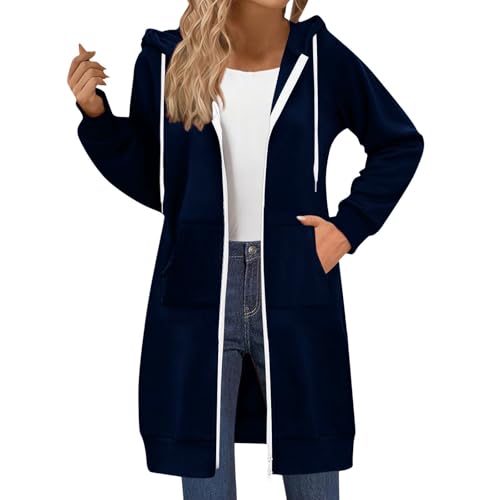 Long Zip Up Hoodies For Women Fleece Zippered Casual Jacket Fall Tunic Coats Oversized Hooded Sweatshirt With Pockets