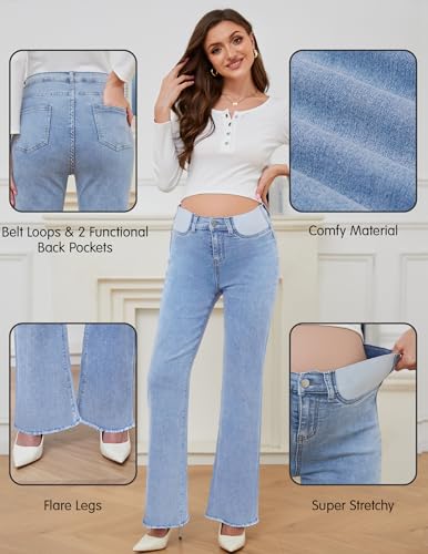 Image of PACBREEZE Women's Maternity Flare Jeans Mid-Rise Stretchy Bell Bootcut Jeans Denim Pregnancy Pants, S-XXL