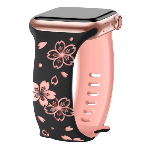 AMSKY Dos Tonos Correas Floral Compatible con Correa Apple Watch 40mm 46mm 41mm 44mm 38mm 42mm 45mm para Mujer, Grabado Correa de Silicona Compatible con iWatch Se Series 10 9 8 7 6 5 4 3 2 1