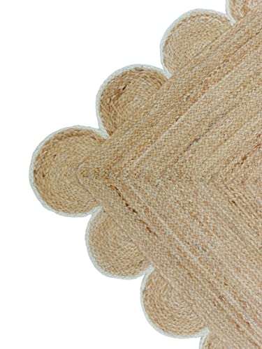 Alfombra de yute natural pequeña trenzada con ribete festoneado blanco roto 3x5 4