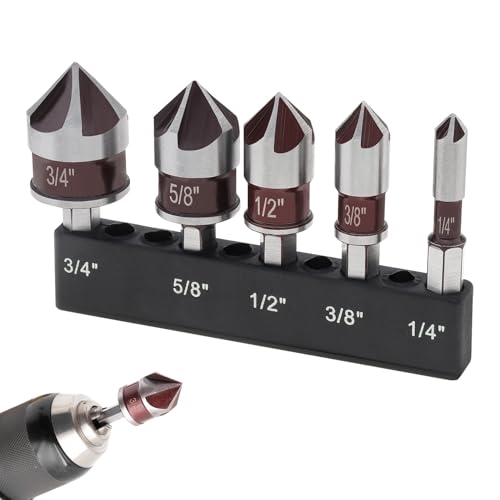 5 Piezas Avellanador Madera Set, Avellanador de 82°, Acero para Rodamientos, Vástago Hexagonal de 1/4 Pulg, Filo de Corte de 5 Hojas, para Taladrar Cobre, Aluminio, Madera, Plásticos (Rojo, plata)