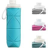 折りたたみ ボトル シリコン折りたたみ式ウォーターボトル 携帯用スポーツ水筒 登山大容量防水/耐熱屋外環境保護ウォーターボトル 自転車登山用漏れ防止 BPAフリー FDA認証食品級シリコン製 折り紙 子供 大人 大容量600ml 超軽量 洗いやすい 軽量 無毒無臭 耐冷耐熱 (ターコイズブルー)
