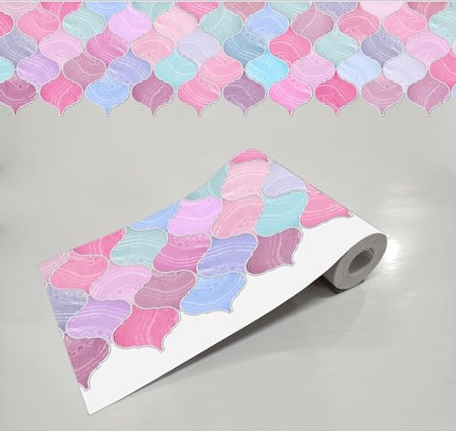 Image of WallDesign Mosaic Lantern Pink Violet Shades - 4 in X 10 Feet Self-Adhesive Wallpaper Border Sticker for Kitchen Backsplash, Furniture, Wall, Cupboard, Staircase