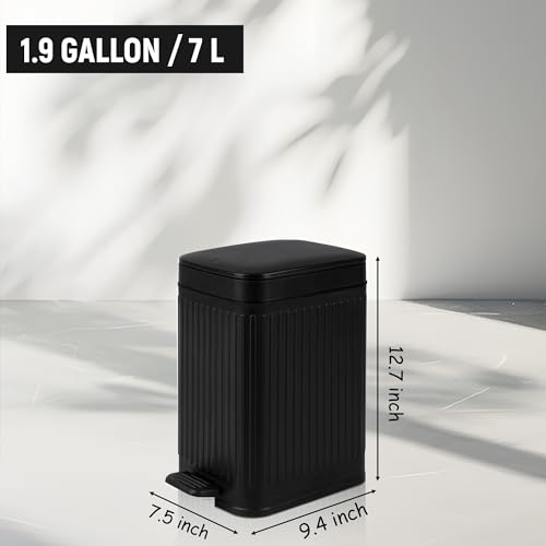 Image of rejomiik Small Bathroom Trash Can with Lid Slim Soft Close Garbage Can Step Wastebasket Container Trash Bin for Office Bedroom Kitchen Living Room (1.9 Gallon Black)