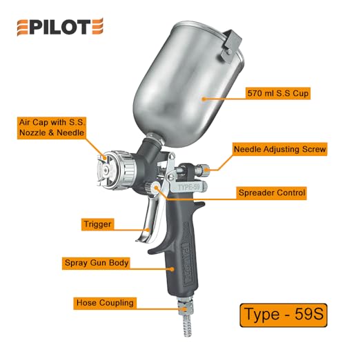 Image of PILOT Spray Painting Gun Type- 59S,570ml Capacity,1.6MM Stainless Steel Nozzle And Needle,Suitable For Painting Automobiles,Furniture,Textile,Handicraft,Industries,Pharmaceuticals. |Rim- 10 inches|