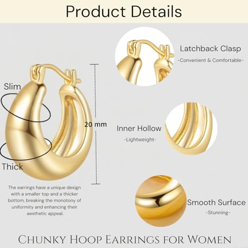 Cossa 14K Gold Hoop Earrings for Women Tapered Design Gold Earrings for Women Chunky Classic and Contemporary Style Statement Dome Chunky Hoop Earring for Womens Hypoallergenic 20/25mm2