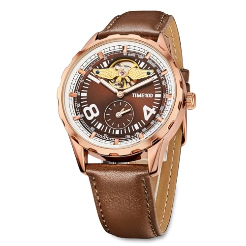 TIME100 Men's Automatic Mechanical Watch Luminous Hands Skeleton Dial Waterproof Men's Watch Pilot Series Angel Wing Business Flywheel Watch Brown — view 6