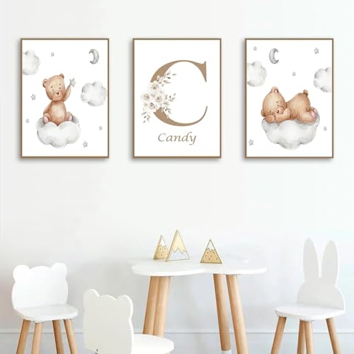 3 Affiche Personnalise Prenom Bebe 30x40cm Poster Ourson Bebe Nuage Tableau Decoration Murale Chambre Enfant Garcon Toile Deco Beige Chambre Bébé Fille...