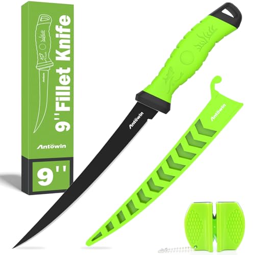 ANTOWIN 22,8 cm Fishing Edelstahl Filetiermesser Set mit Messer-Schärfer, Ergonomischer ABS Griff, Biegsam und Extrem Scharfe Klinge, für Fisch & Fleisch