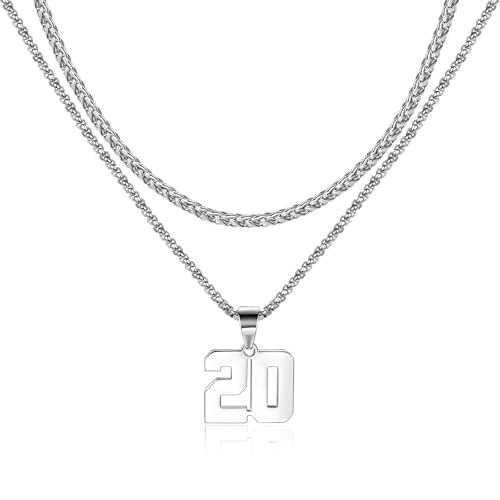 Lantine Jersey Number Necklace Stainless Steel Layered Necklace Personalized Number Pendant Necklace 61Cm Chain Sports Athletes Accessories Jewelry for Team Lover Fans Baseball Basketball Football