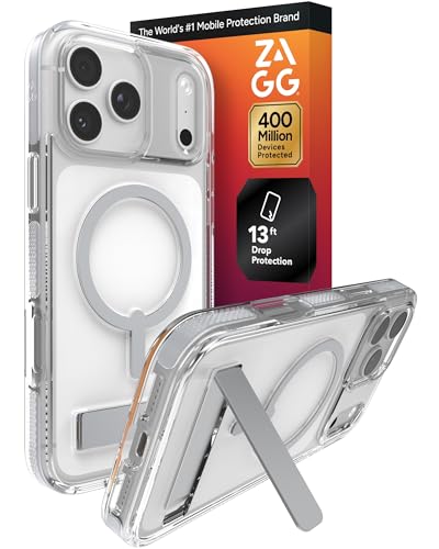 Image of ZAGG Santa Cruz Snap Case with Kickstand for iPhone 17 Pro Max - Silver, Drop Protection (13ft /4m), MagSafe Charging Compatible, ClearGuard Anti-Yellowing Technology, Scratch Resistant Phone Case