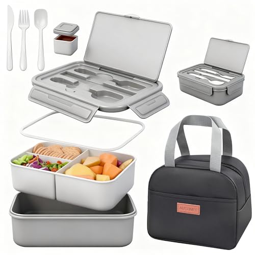 AUSTINEY Bento Lunch Box for Adult & Kids, 1100ml Stackable Leak Proof Grey by AUSTINEY - Used condition - US$23.41