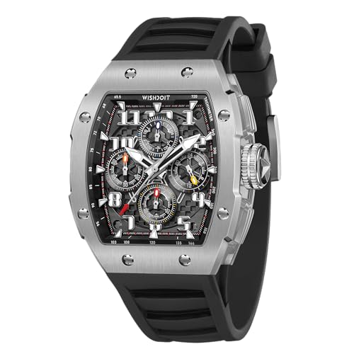 WISHDOIT Upgraded GT 2.0 Chronograph Watch for Men, Tonneau Men's Wrist Watches Stainless Steel Sport Style Waterproof Sapphire Crystal Rubber Interchangeable Strap Watches Silvery Case Black Band New