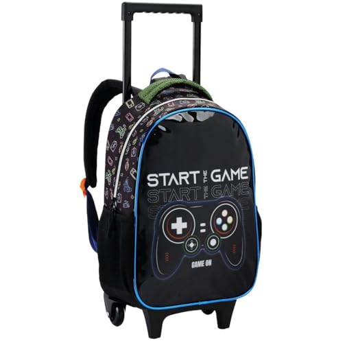Mochila Escolar Infantil com Rodinhas, Estampa Gamer, Alças Acolchoadas, Material Reforçado, Compartimento Espaçoso, P/Meninos (Mochila Start Game)