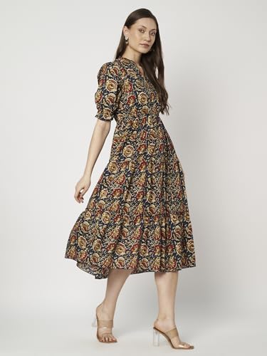 Image of Women's Floral Summer Maxi Dress I Cotton Printed I One Piece Bodycon Midi Dress with V-Neck, Puffed Sleeves