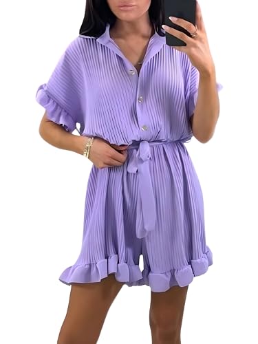 Zaif & Hari New Women Gold Button Summer Beach Playsuit Ladies Belted Pleated Collard Smock Frill Shirt Dress Loose Casual Short all in one Jumpsuit Rompers Uk-Lilac